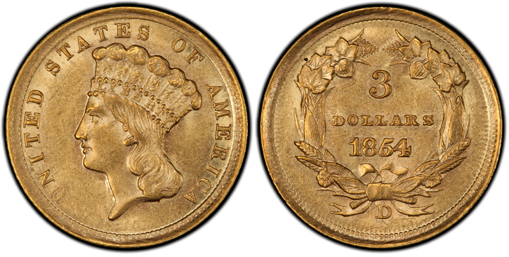 1854-D Three-Dollar Gold Piece. MS-62 (PCGS).
